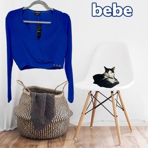 NWT $69 bebe | Palm 1 | Semi-Sheer Surplice Lightweight Wrap Crop Top in Blue